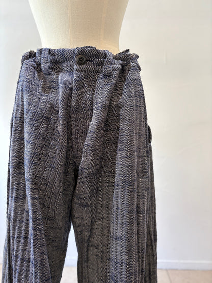 wide pants K704 cotton herringbone navy/kinari
