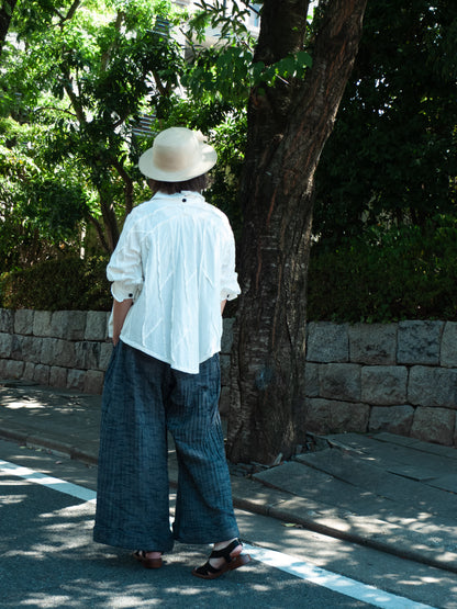 wide pants K704 cotton herringbone navy/kinari